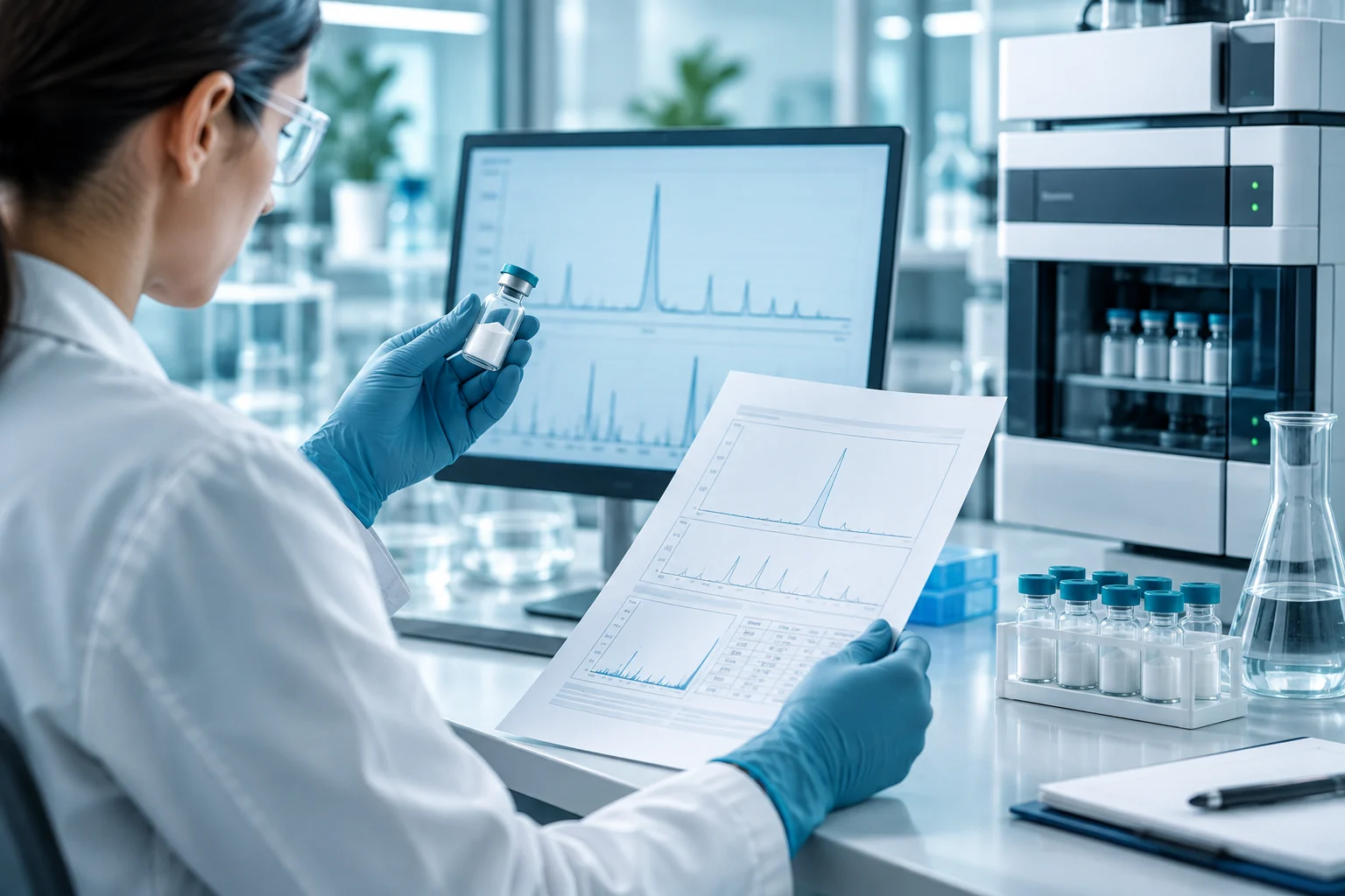 A researcher comparing a vial against a printed analytical report of chromatography traces, with matching spectra on screen and an HPLC system alongside